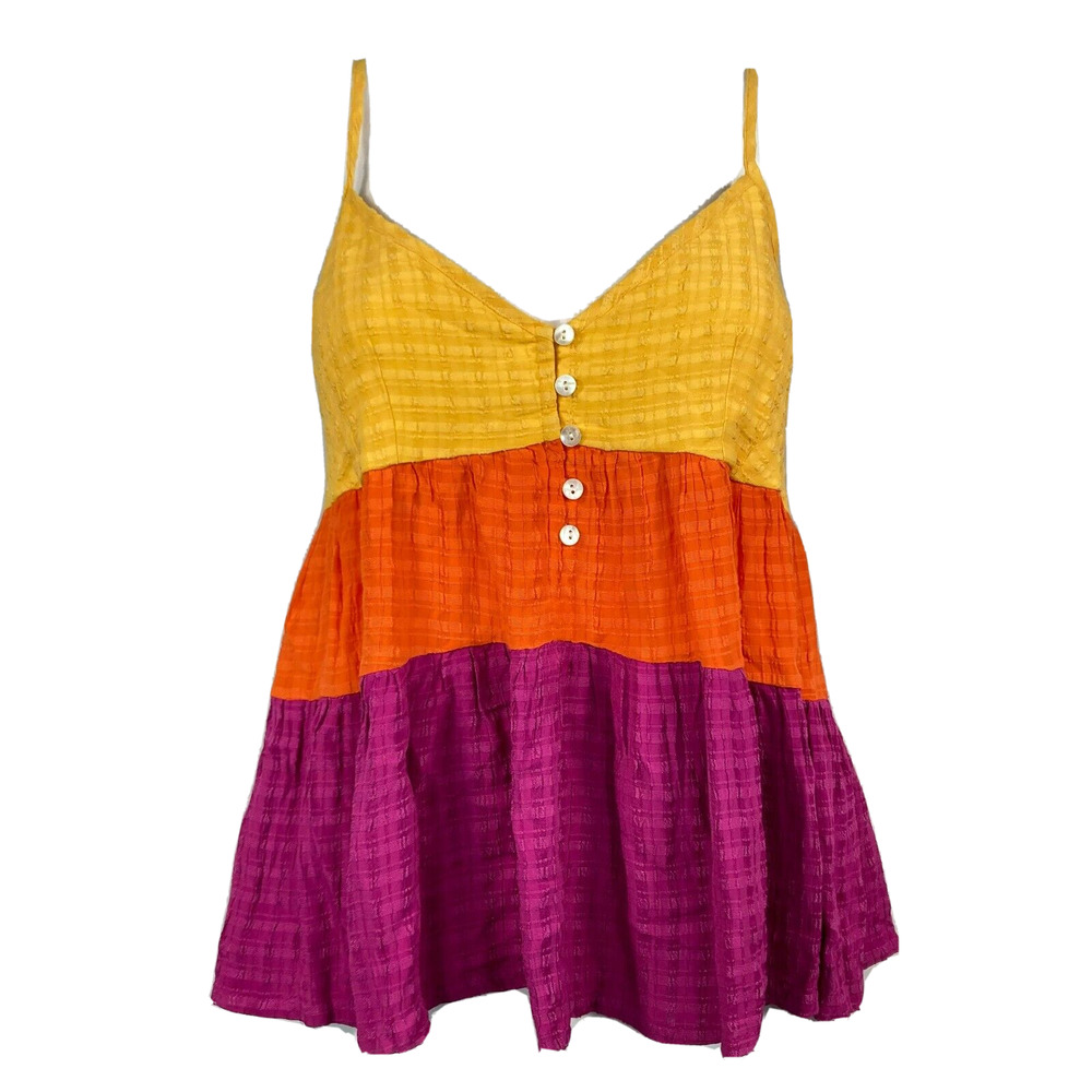 NWT French Connection Tank Womens Sz‎ 4 Yellow Orange Purple Tiered Buttons